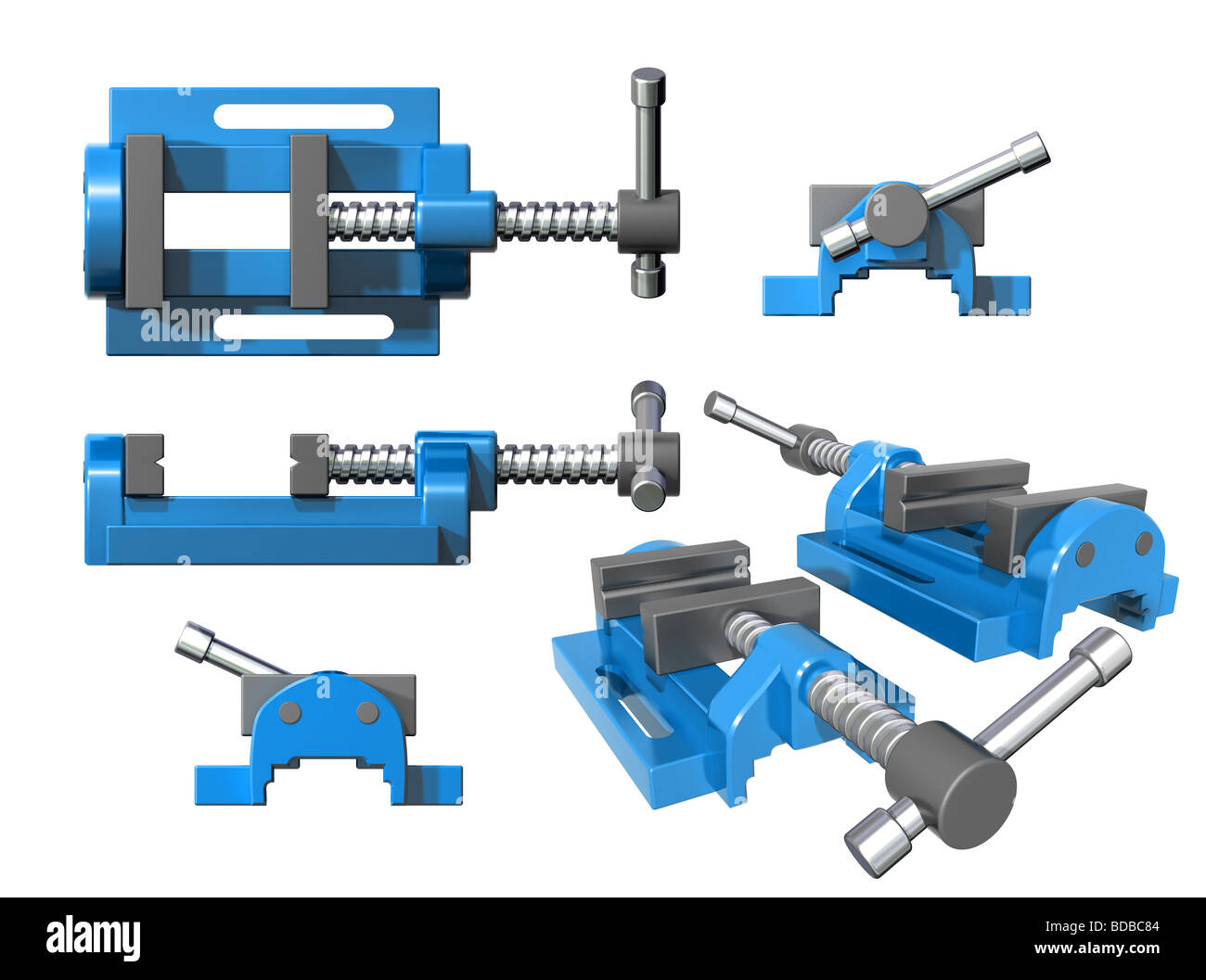 Isolated illustration of a metal clamp from various angles Stock Photo