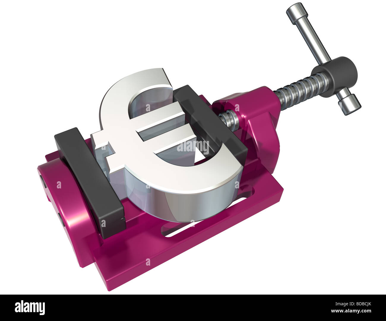 Isolated illustration of a euro symbol being squeezed in a vice Stock Photo