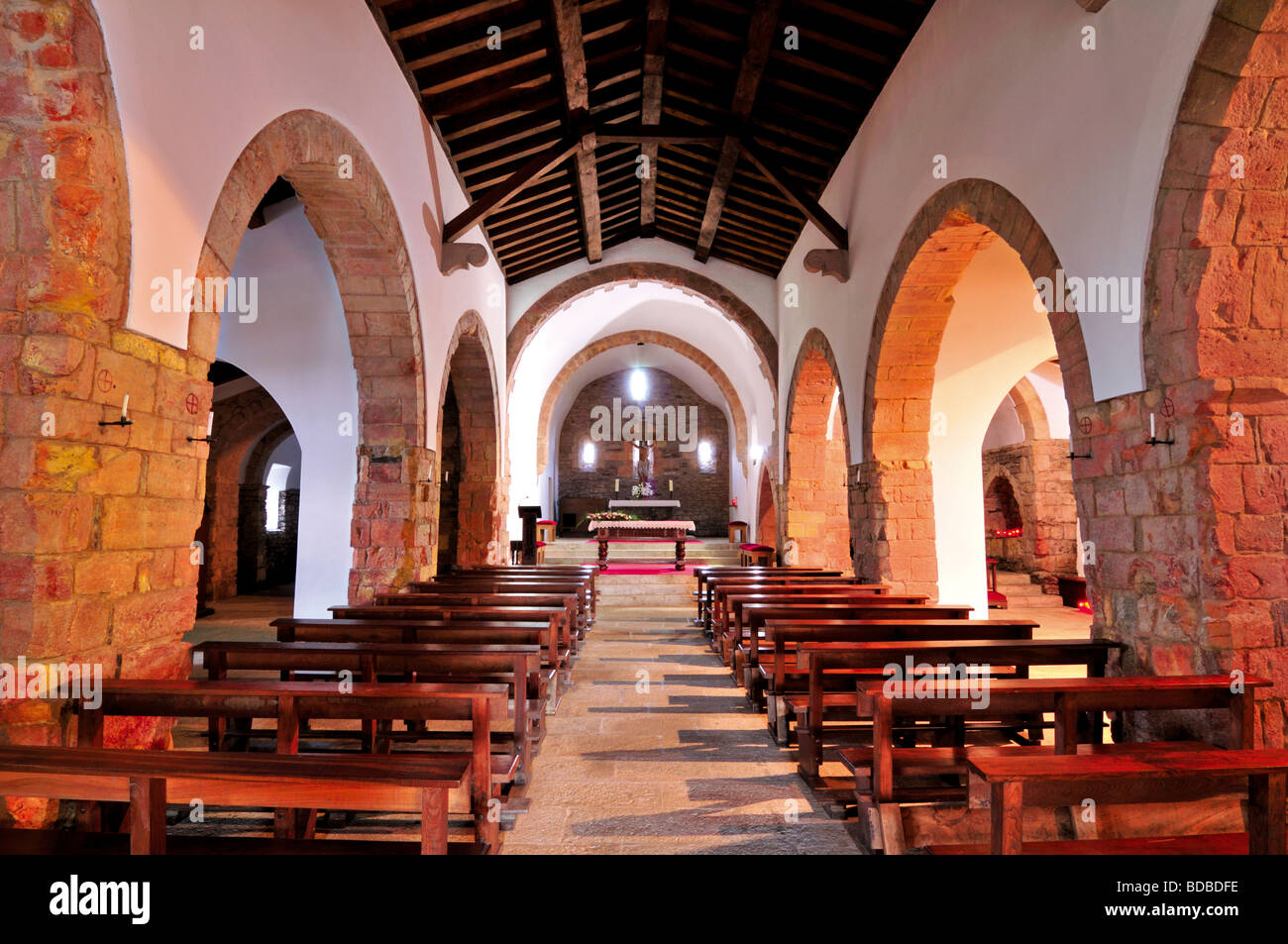 Spain, St. James Way: Nave of the romanesque church Iglesia de Santa Maria in O Cebreiro in Galicia Stock Photo