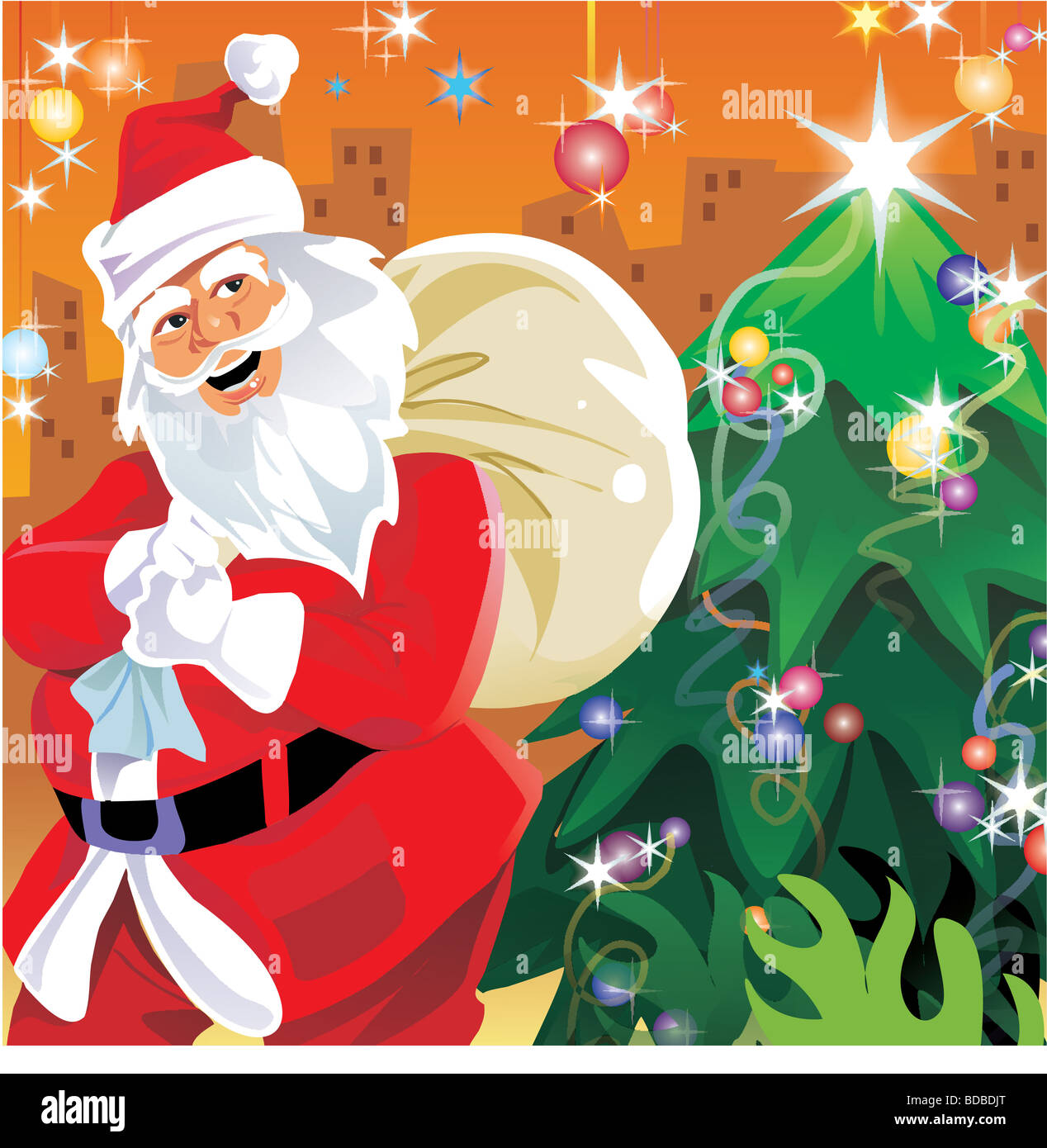 Santa Claus carrying a gift bag Stock Photo - Alamy