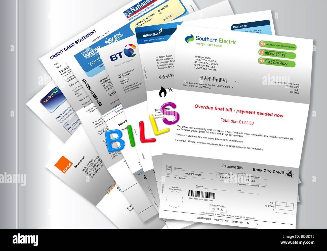 Bills (gas, electricity, telephone, mobile, water and credit cards