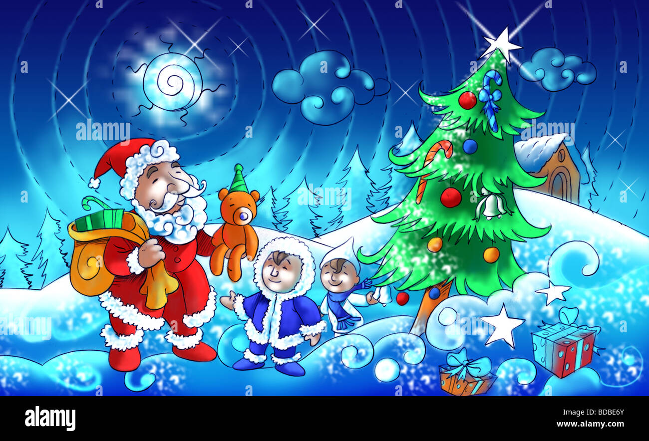 Santa Claus giving a gift to a child Stock Photo - Alamy