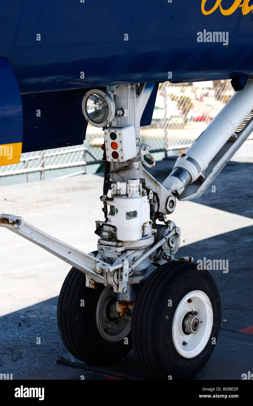 This image shows the front Landing Gear of a Blue Angel Aircraft Stock Photo