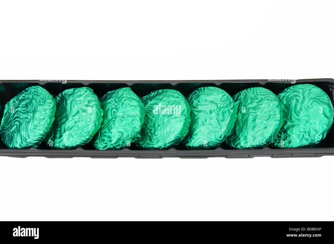 Tray Of Mint Chocolate Biscuits Wrapped In Foil Stock Photo Alamy