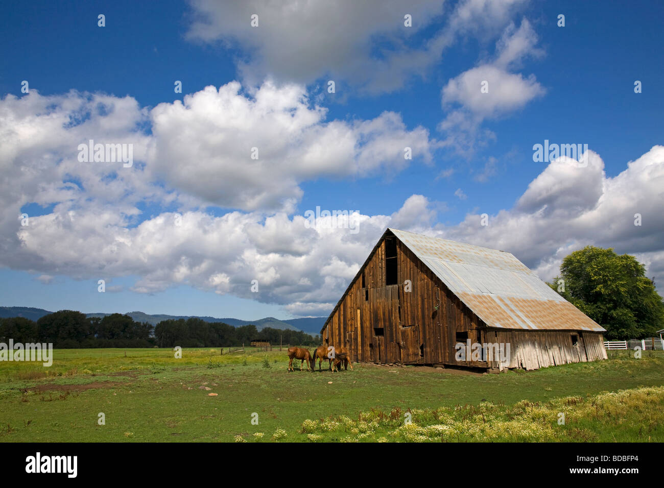 An old barn and wooden fence on a ranch near Halfway Oregon on the
