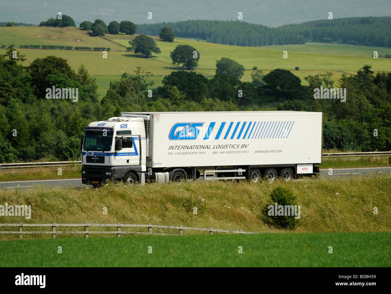 MAN TGA XXL with refrigerated trailer GS International Logistics BV Stock Photo