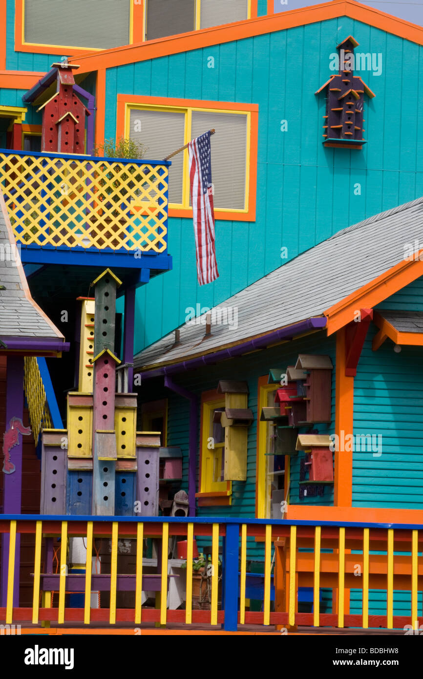 Gaily painted house and birdhouses Rockaway Beach coastal Oregon Stock Photo