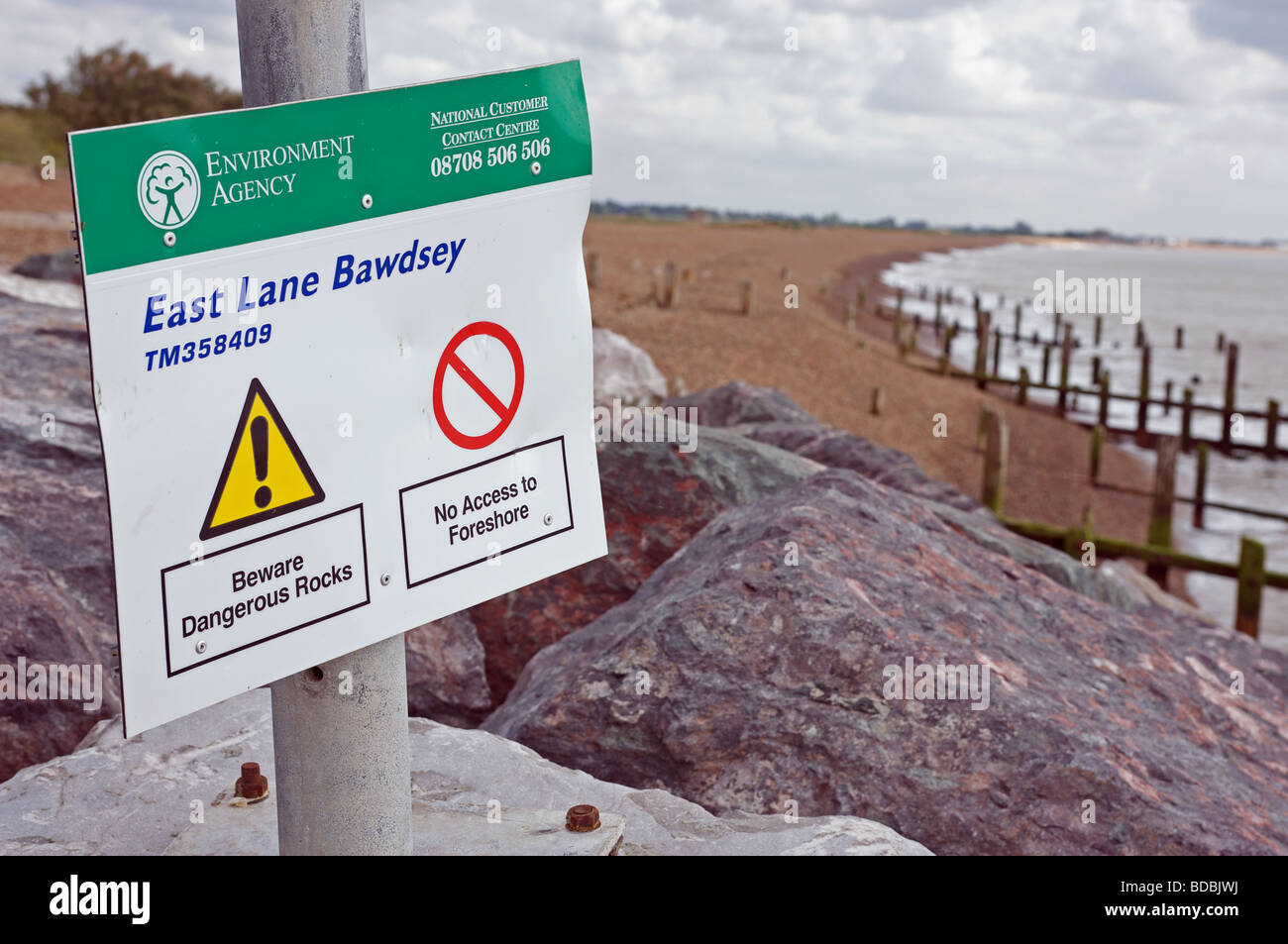 Environment Agency warning notice, East Lane, Bawdsey, Suffolk, UK. Stock Photo