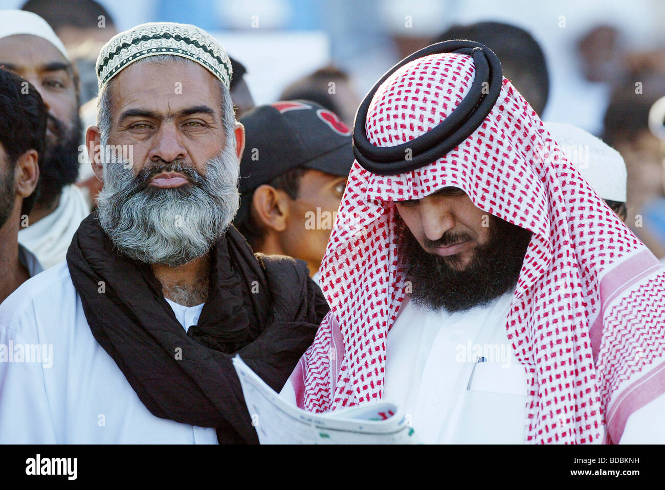 Two Arabs at race course, Dubai, United Arab Emirates Stock Photo