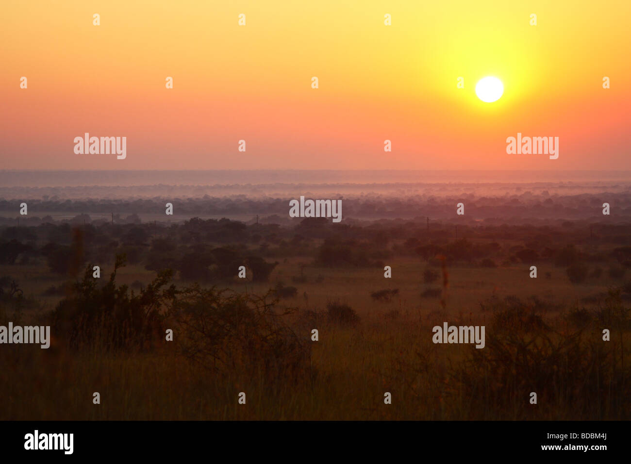 Sunrise over the Pilanesberg Game Reserve, Northwest Province, South Africa Stock Photo