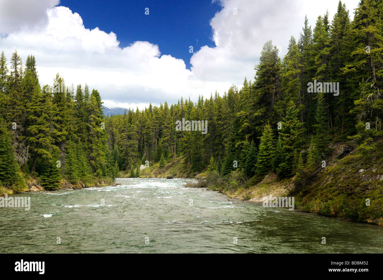 Maligne River emptying from Maligne Lake and Spirit Island near Jasper in Alberta Stock Photo