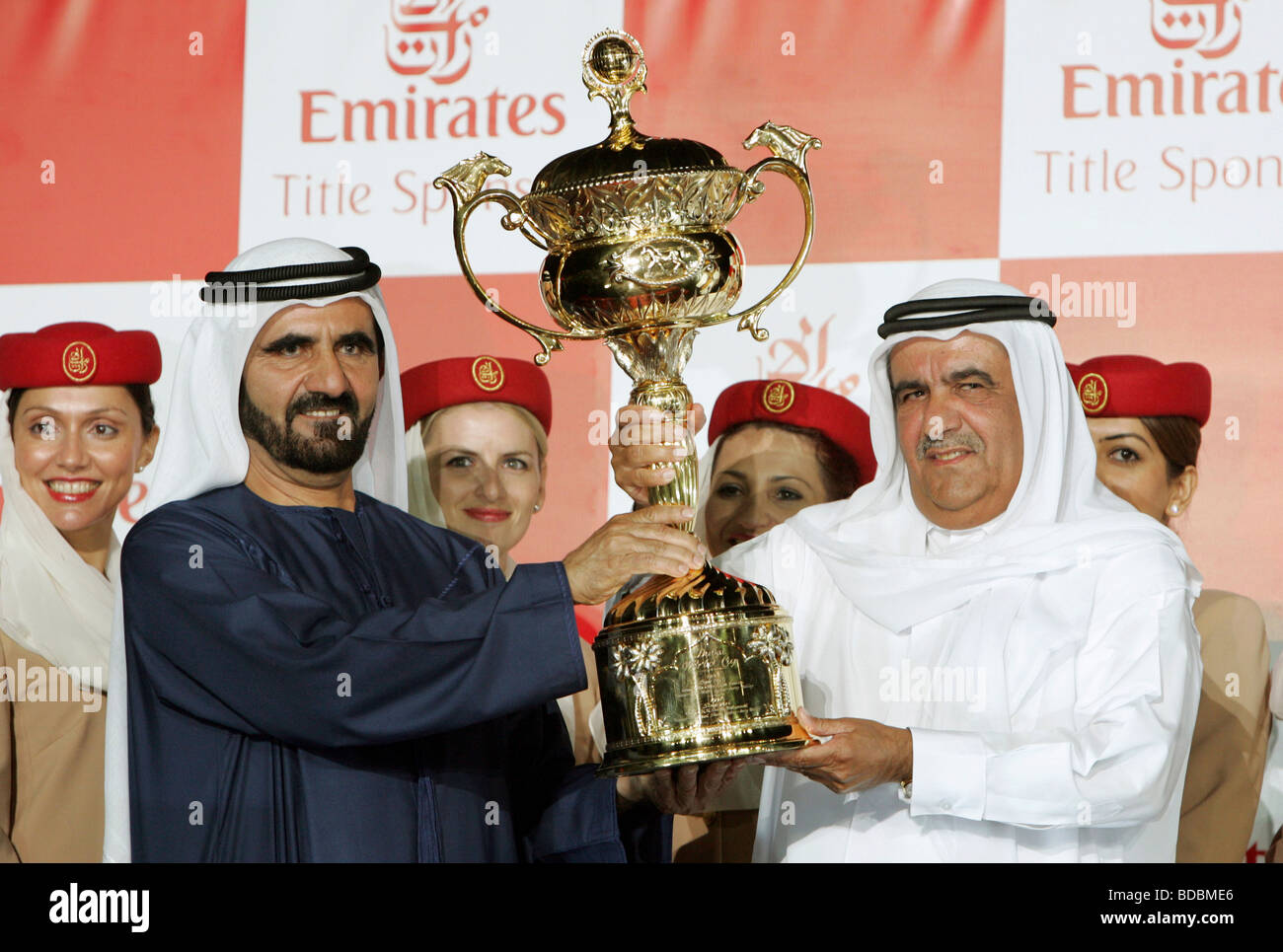 Sheik Muhammed bin Raschid Al Maktoum handing the cup during Dubai World Cup 2007, United Arab Emirates Stock Photo