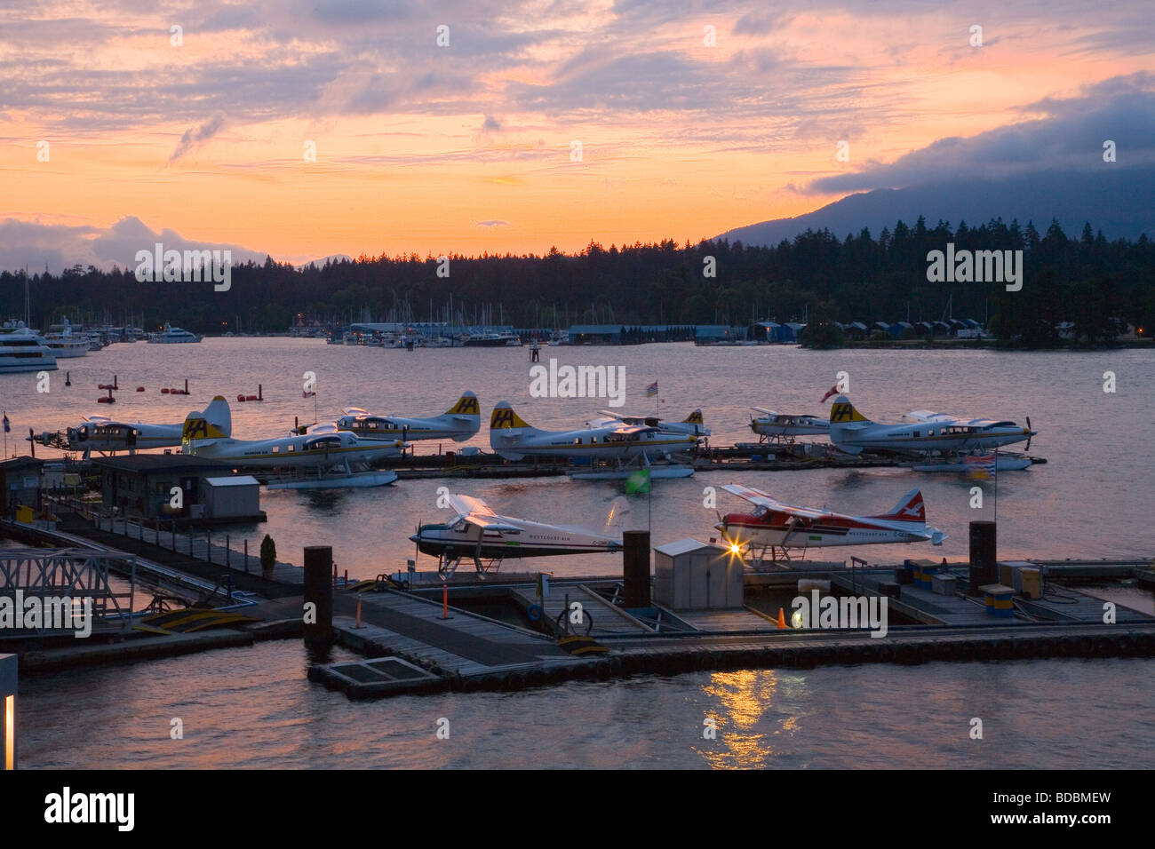 Sunset on seaplanes in Vancouver harbour, British Columbia, Canada Stock Photo