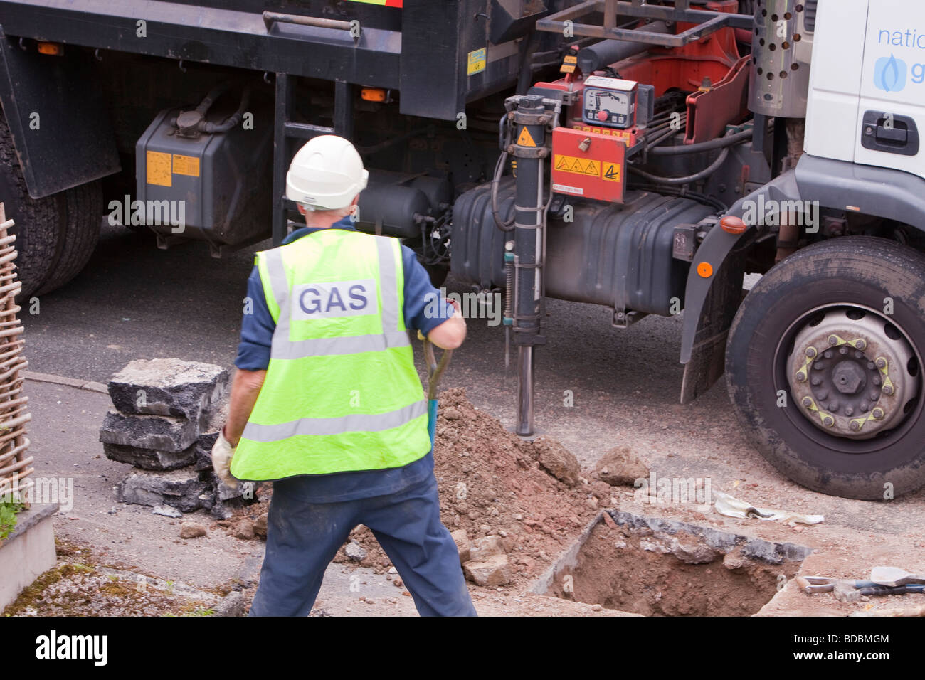 British Gas workers replacing old metal gas pipes with plastic ones