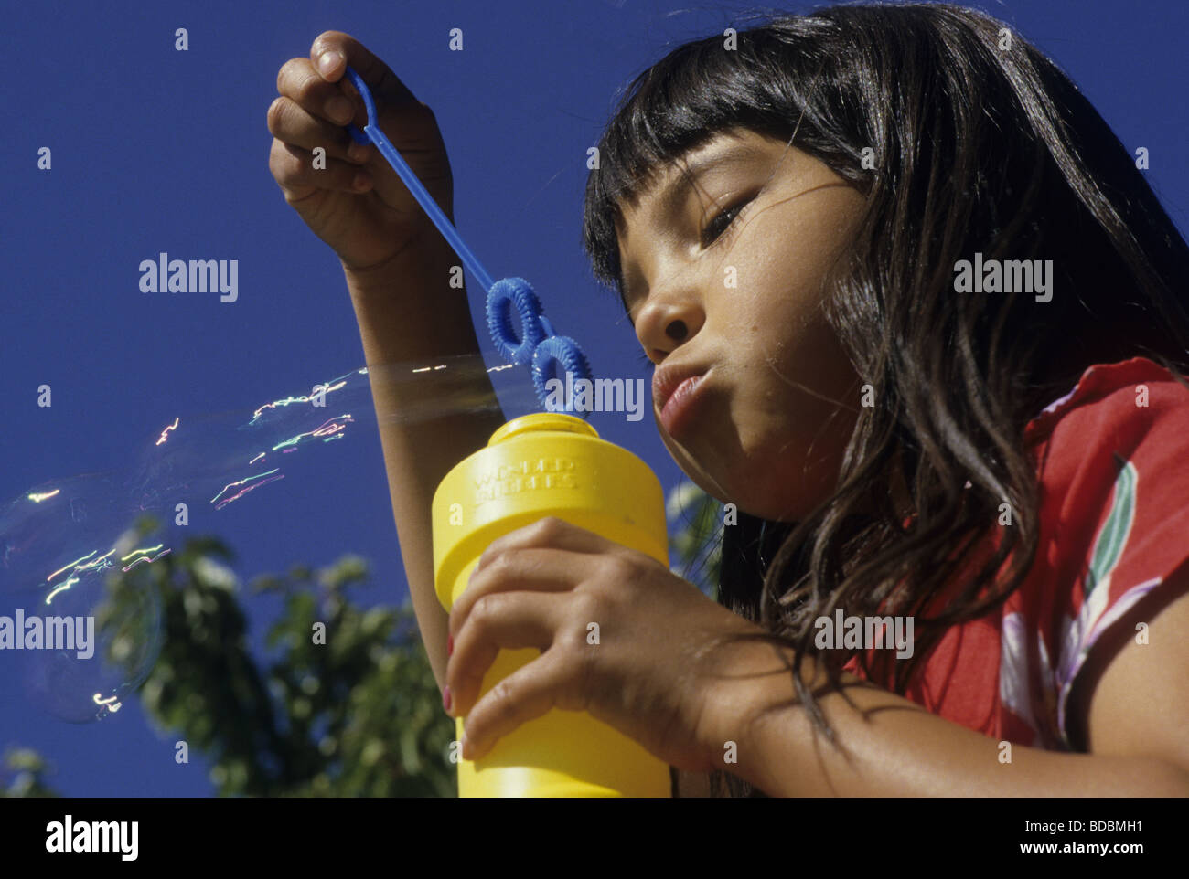 7 yr. old girl of Hispanic/Native American descent blowing bubbles Stock Photo