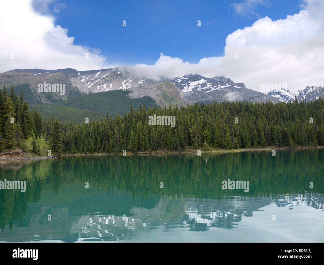 Maligne Lake and Spirit Island near Jasper in Alberta Stock Photo