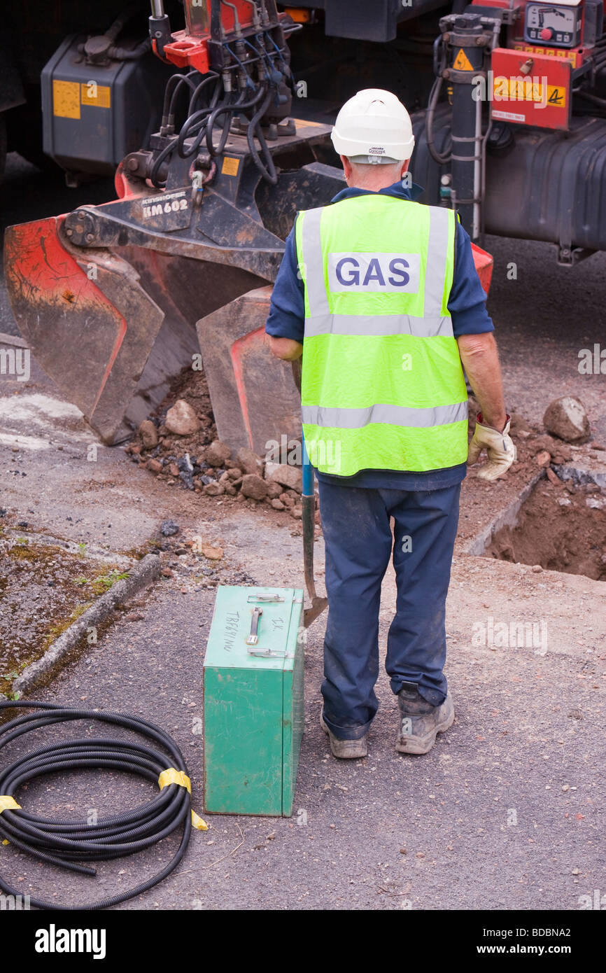British Gas workers replacing old metal gas pipes with plastic ones