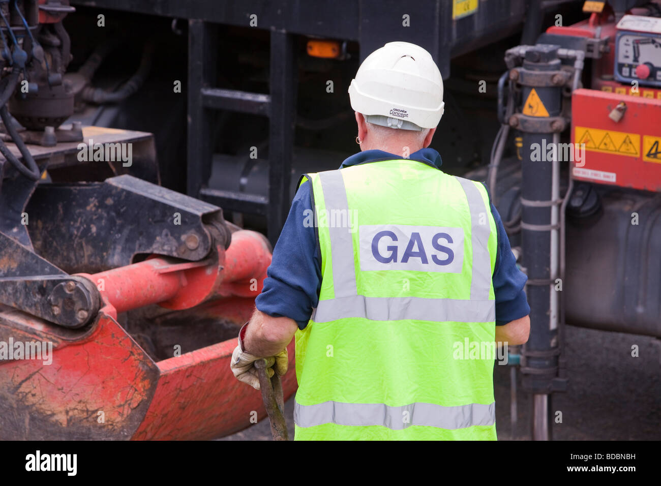British Gas workers replacing old metal gas pipes with plastic ones Stock Photo