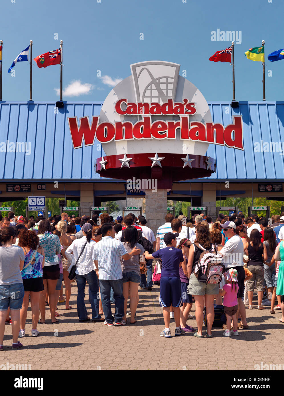 People at the entrance of Canada's Wonderland amusement park Stock Photo
