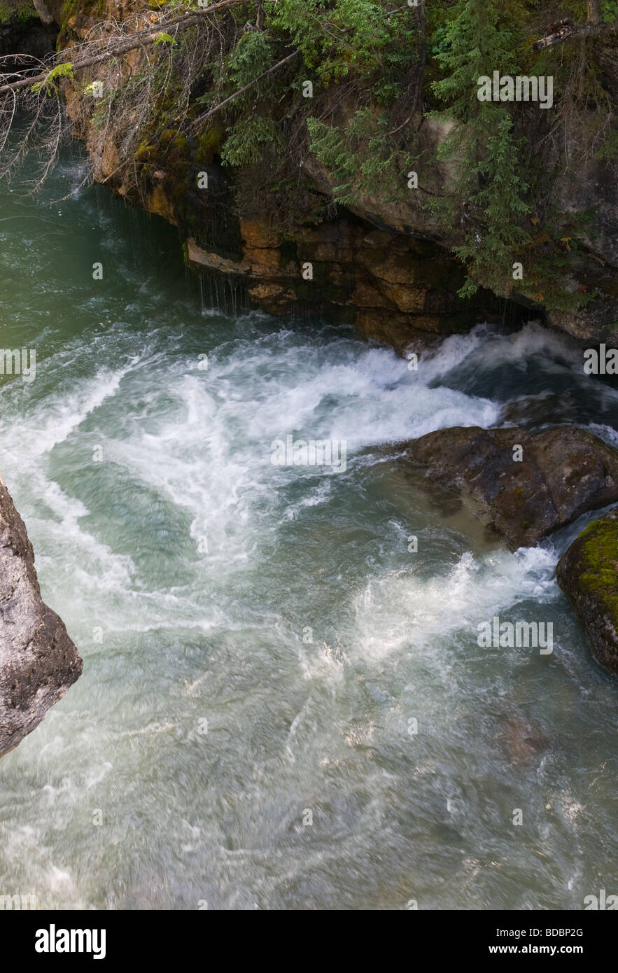 Water rushing through Maligne Canyon gorge. Stock Photo