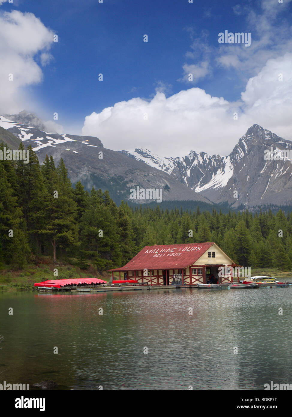 Boathouse hiring canoes on Maligne Lake and Spirit Island near Jasper in Alberta Stock Photo