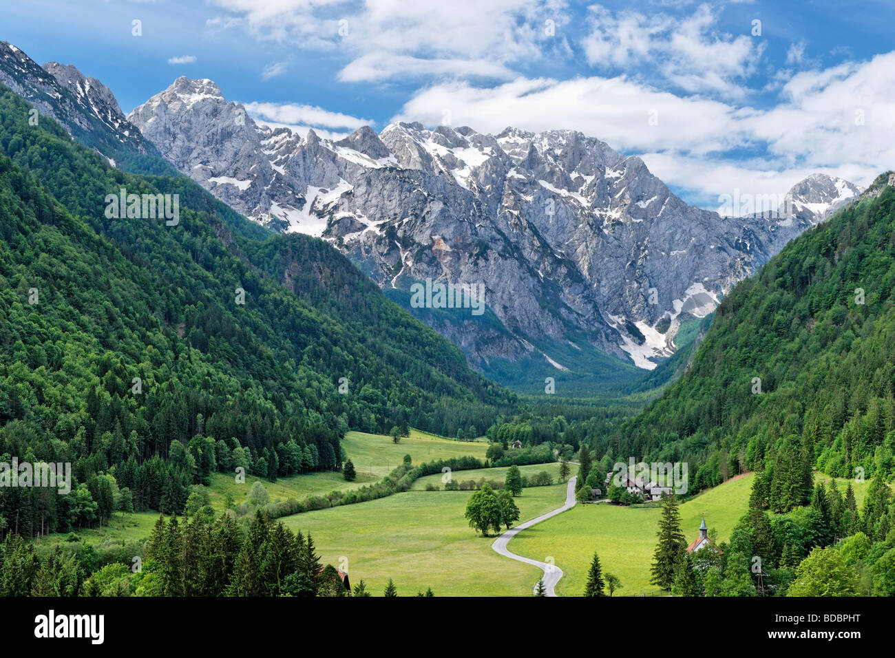 View of Logarska Dolina and the Kamnisko Savinjske Alps, Upper Savinja Valley, Stajerska, Slovenia. Stock Photo