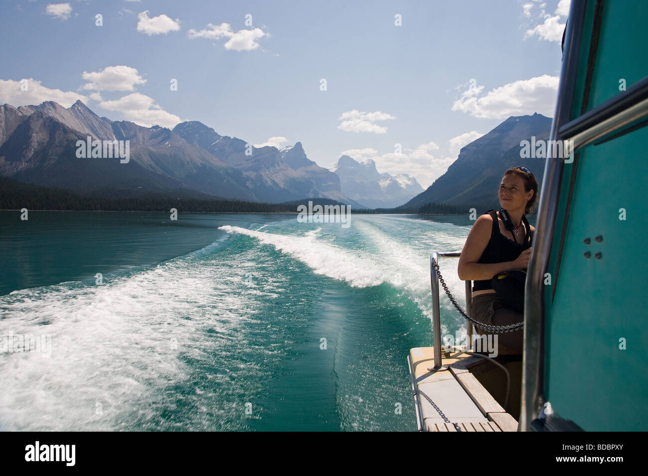Boat trip on Maligne Lake near Jasper in the Canadian Rockies Stock Photo