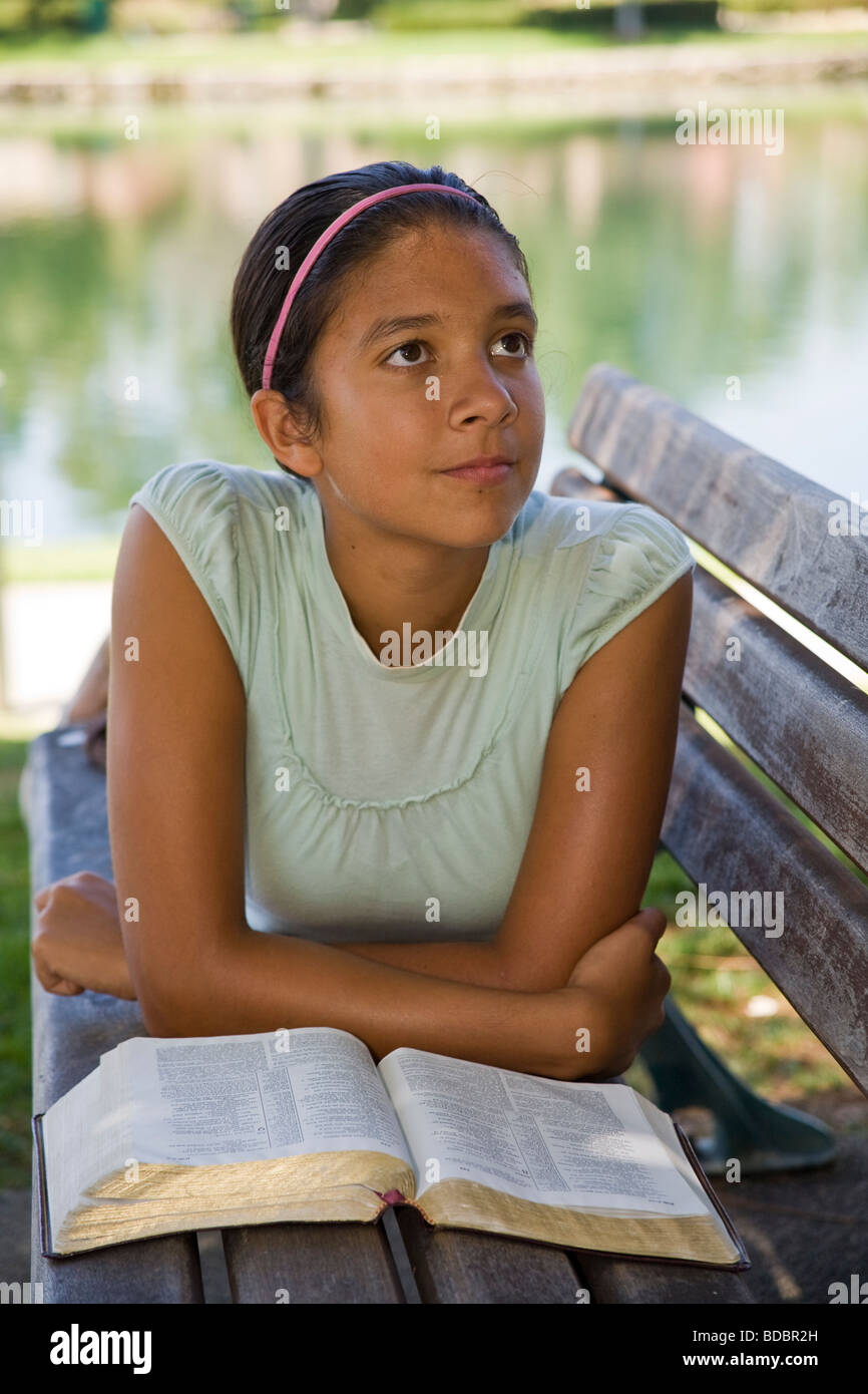 young person people Tween tweens child children multi ethnic racial diversity racially diverse multicultural girl meditating reflecting looking up Myrleen Pearson Stock Photo