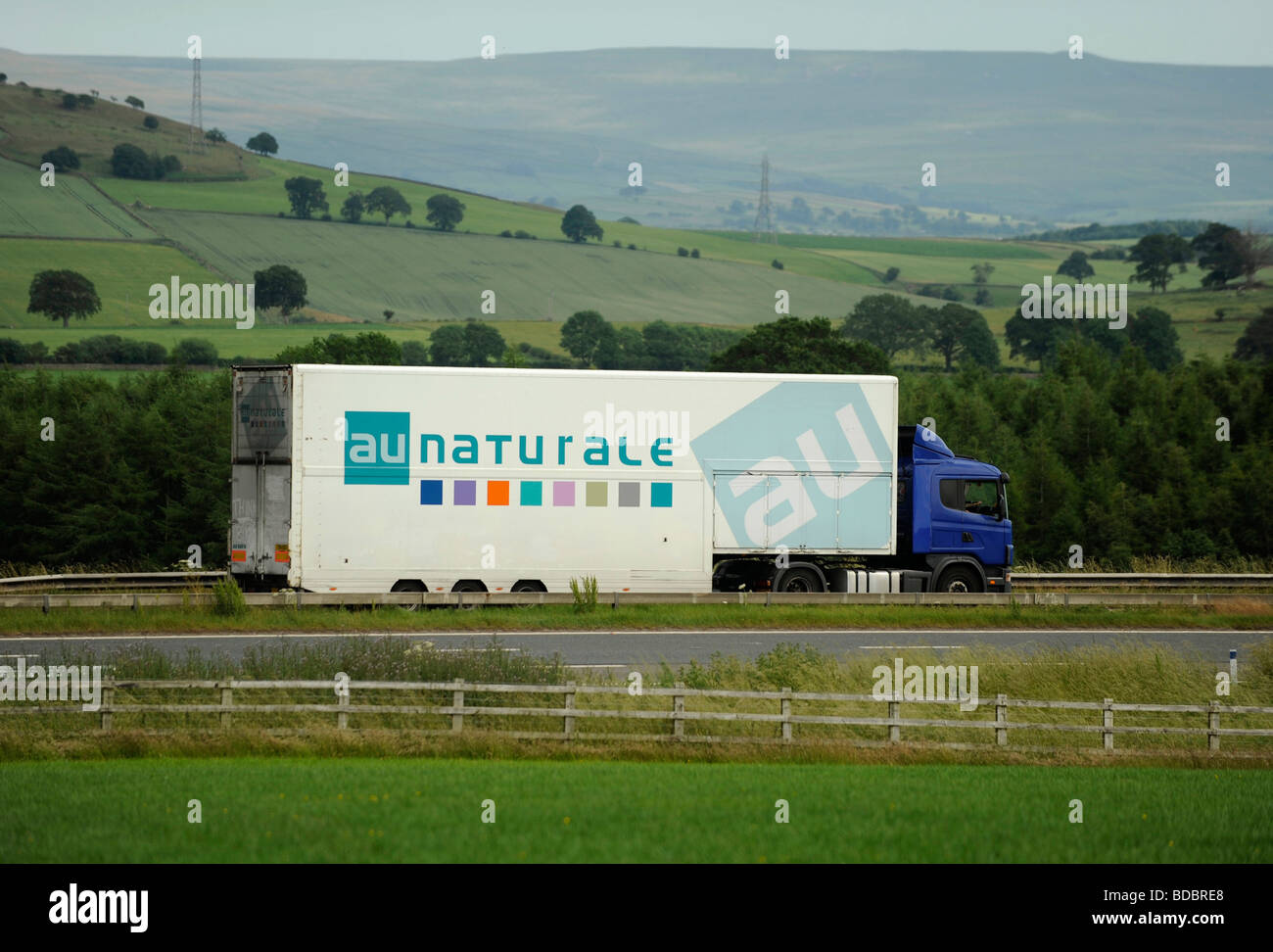 Scania truck with double deck box van trailer Au Naturale Stock Photo