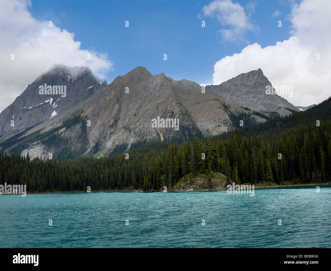 Maligne Lake and Spirit Island near Jasper in Alberta Stock Photo