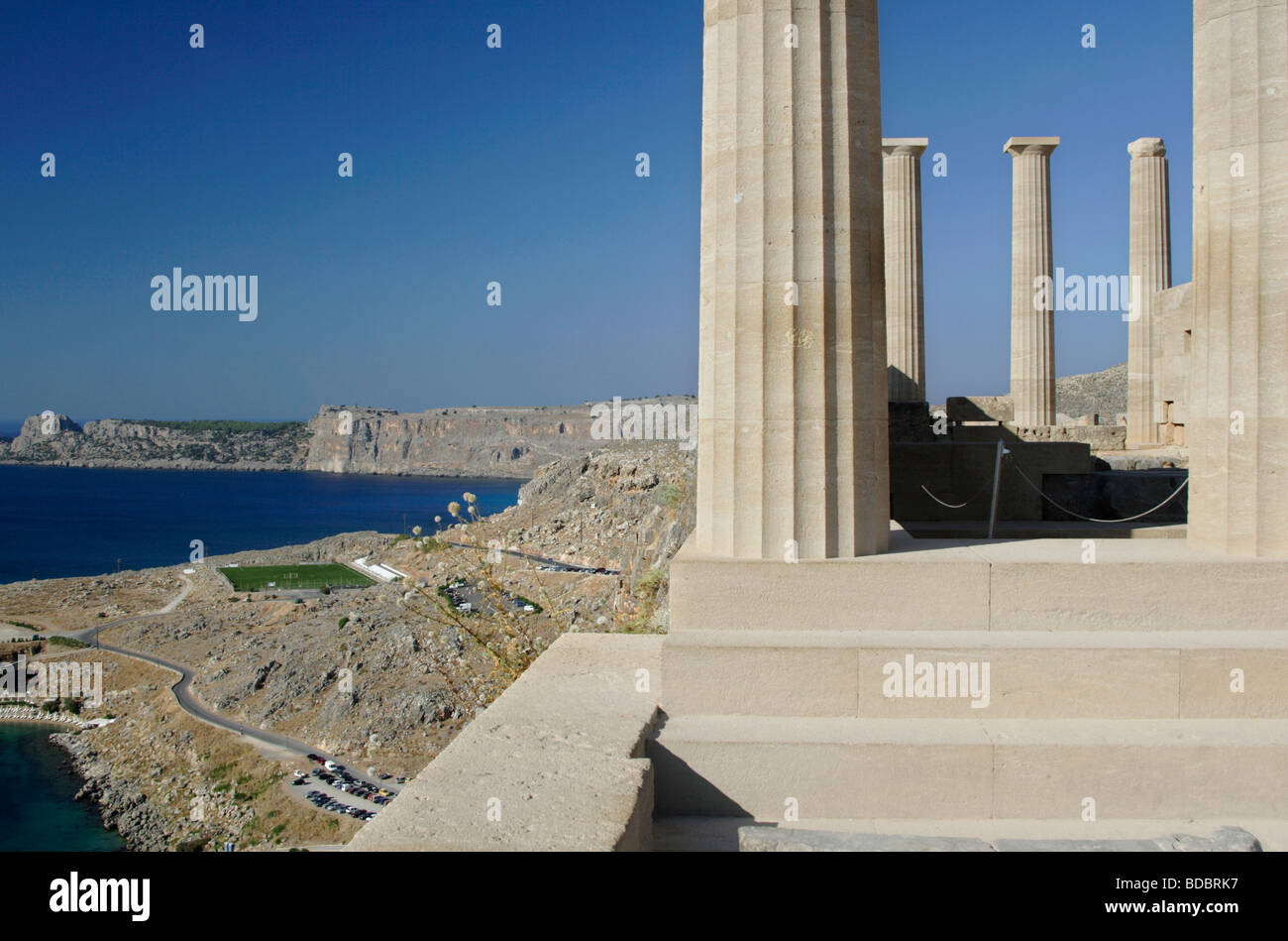 Pillars of The Doric Temple of Athena Lindia at The Acropolis at Lindos Rhodes Dodecanese Greece Stock Photo