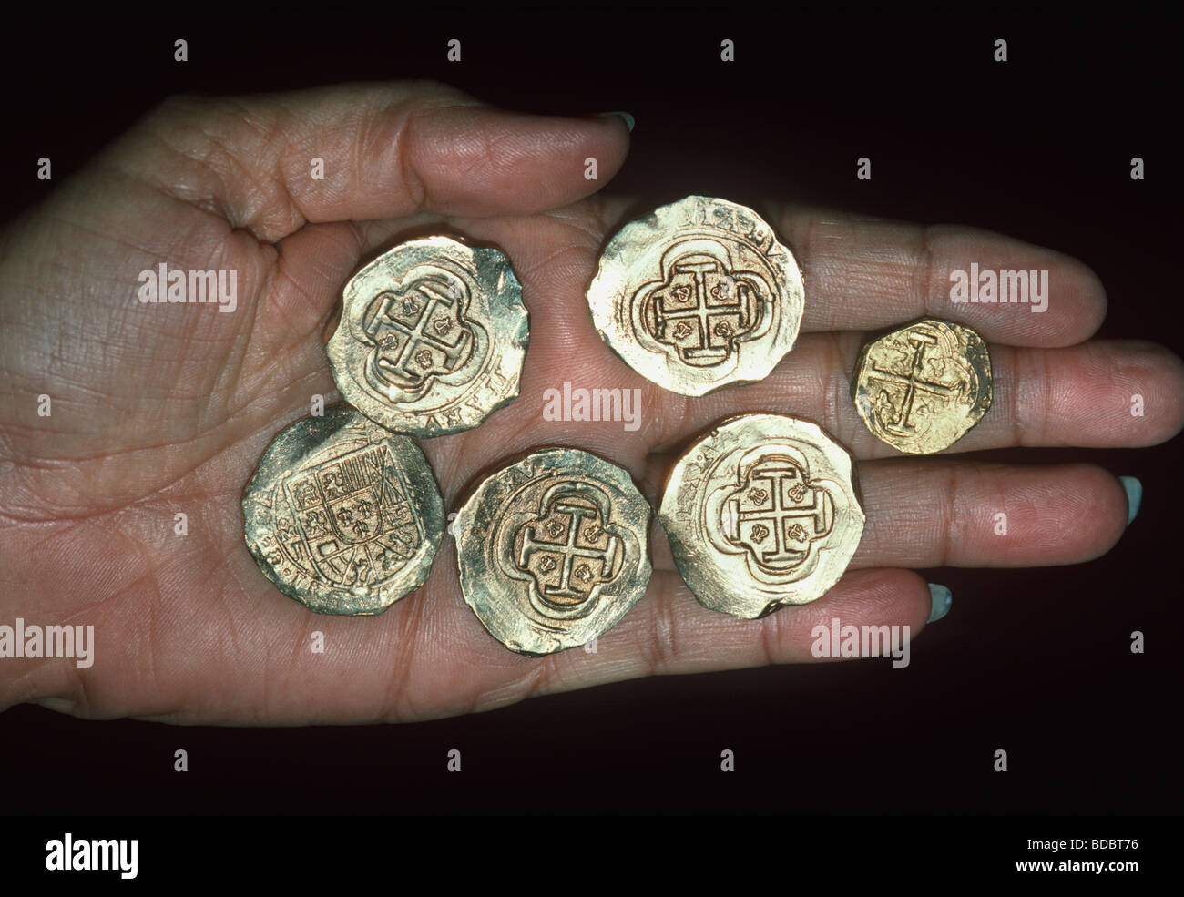 Gold Doubloons recovered from the shipwreck Las Maravillas sunk in 1658 Bahamas  Stock Photo
