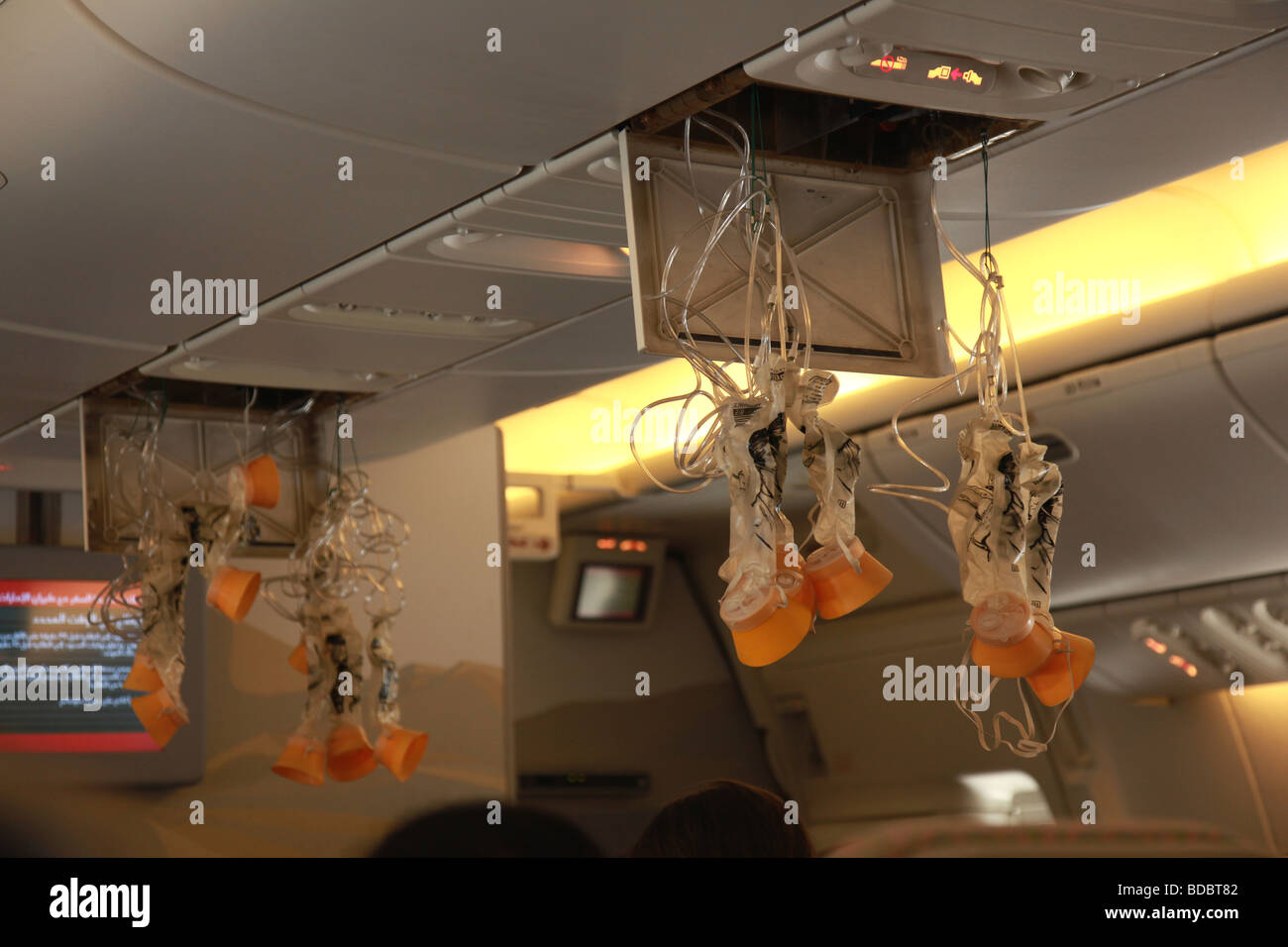 Oxygen masks on airplane Stock Photo Alamy