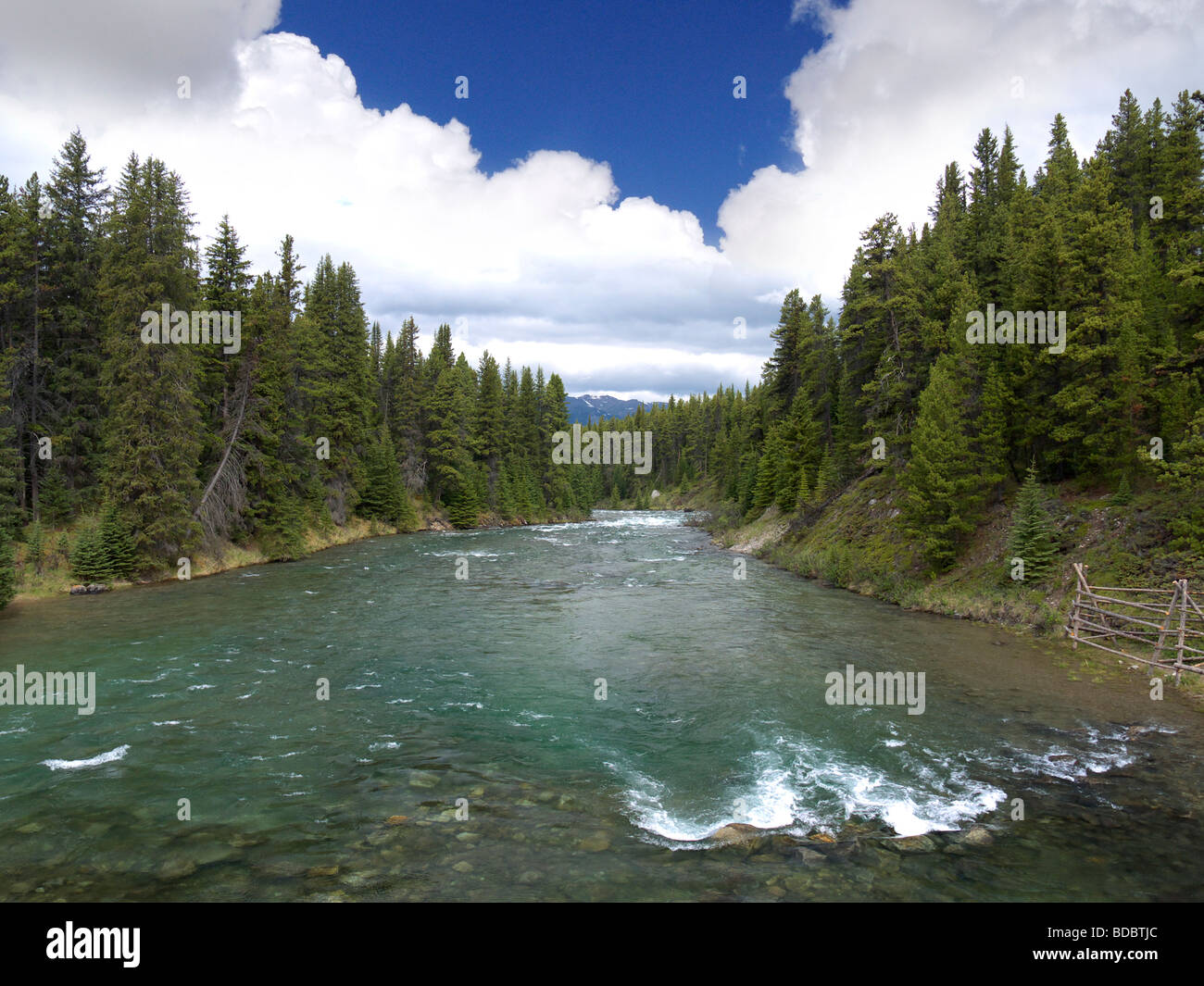 Maligne River emptying out of Maligne Lake and Spirit Island near Jasper in Alberta Stock Photo