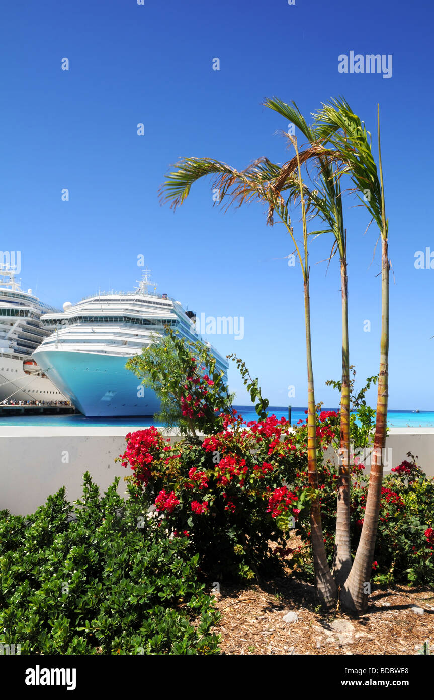 Tropical island of Grand Turk with cruise ships and palm trees British West Indies Stock Photo