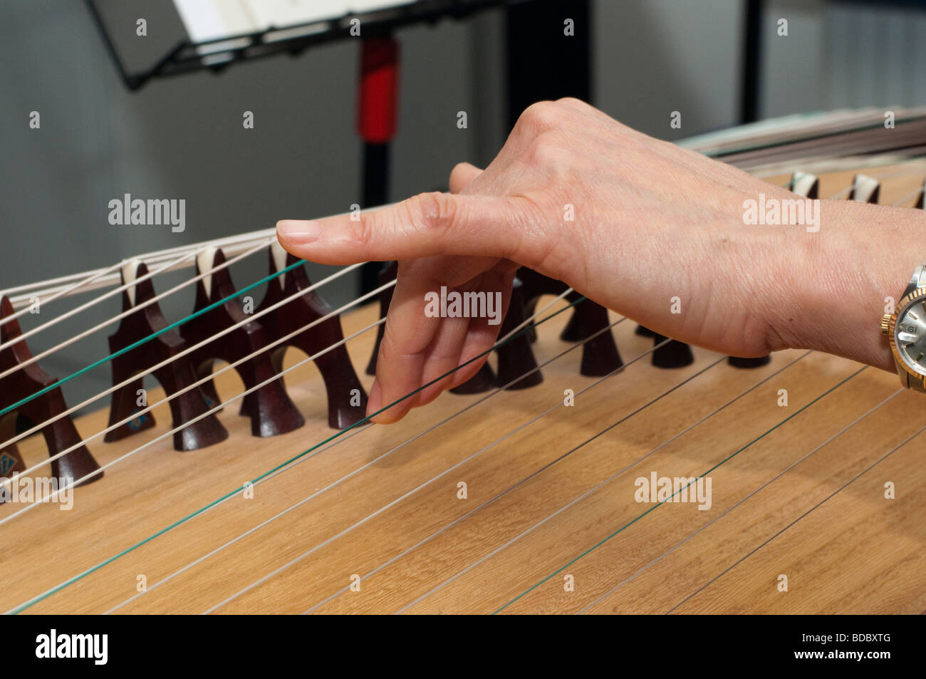 Detail of a Chinese Zheng aka Guzheng showing the bending of the string