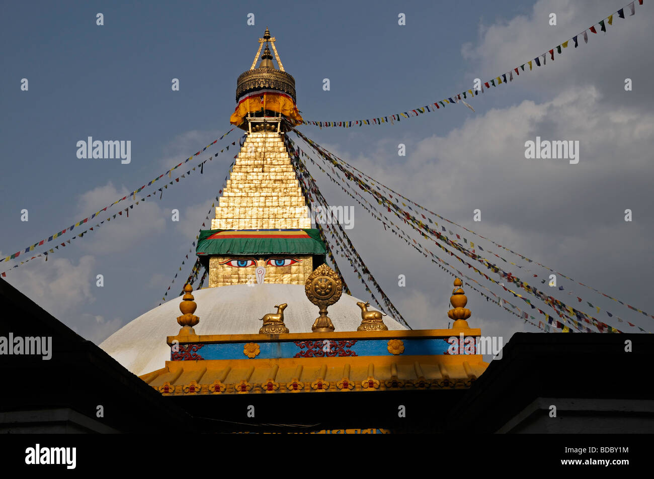 Bodhnath Bodnath Boudhanath largest Buddhist stupa Nepal Kathmandu white dome blue sky Stock Photo