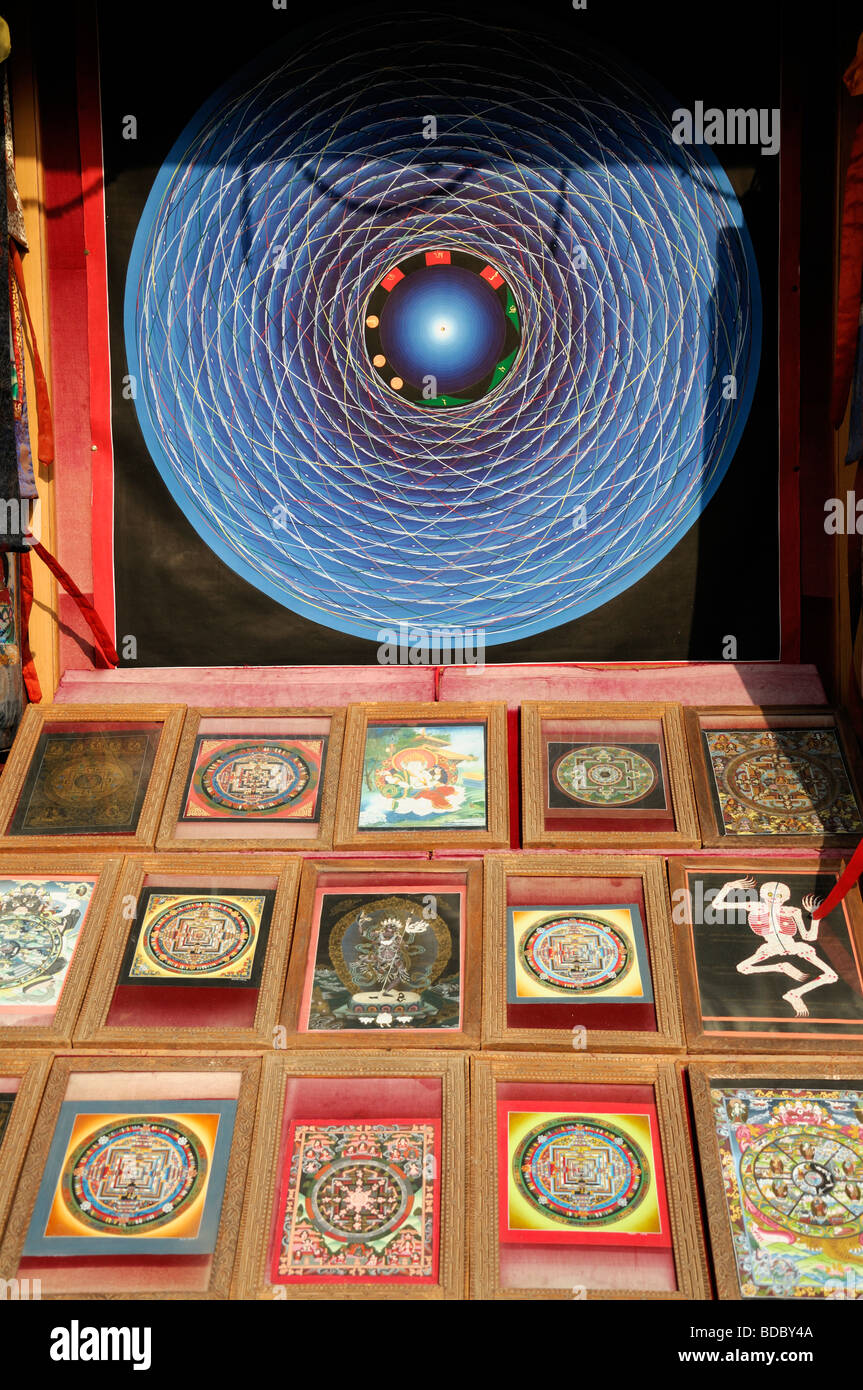 tibetan buddhist mandala sale in the market bazaar near Boudhanath temple shrine buddhist temple Stock Photo