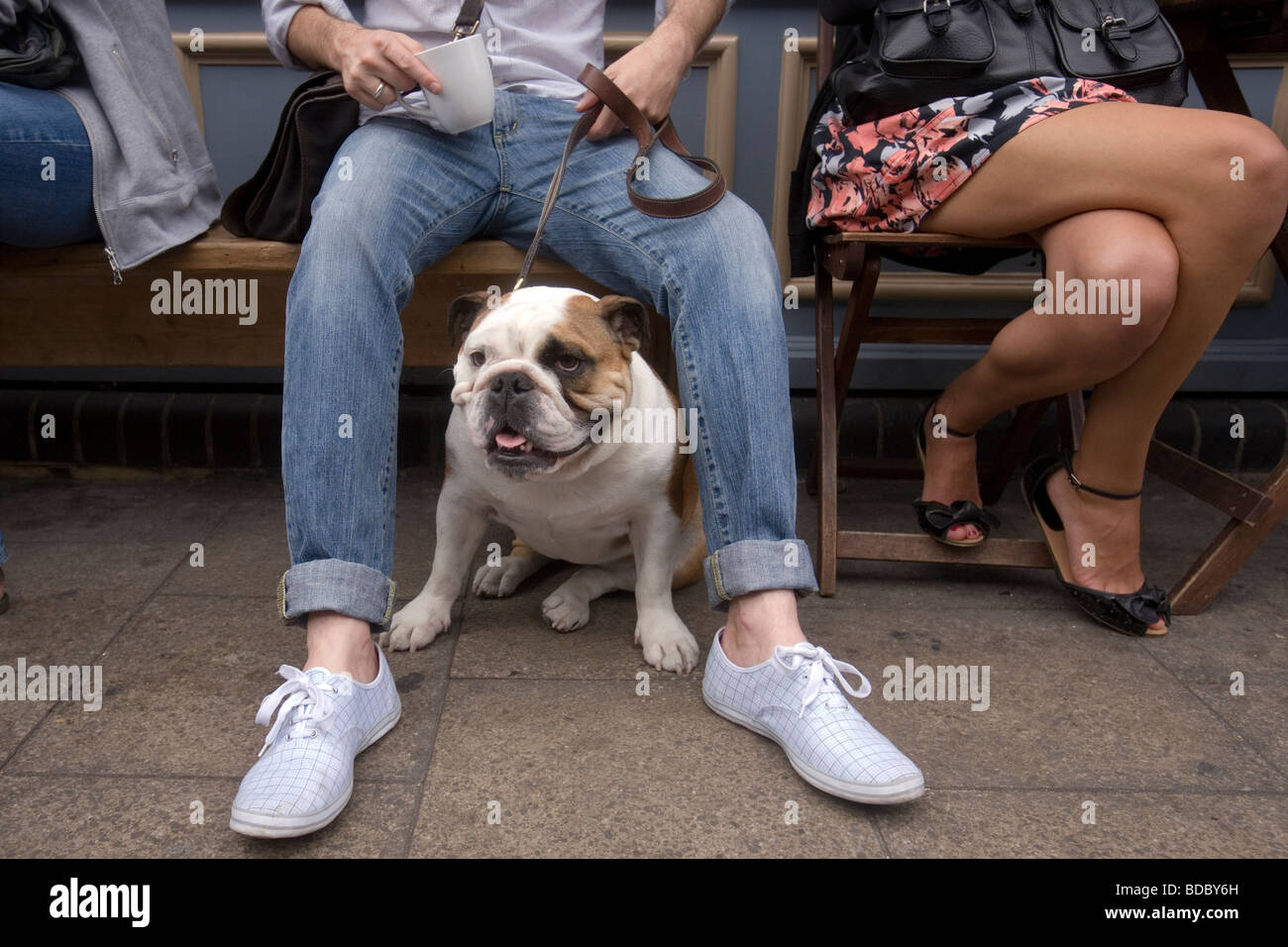 man and english bulldog sitting in broadway market in hackney, london