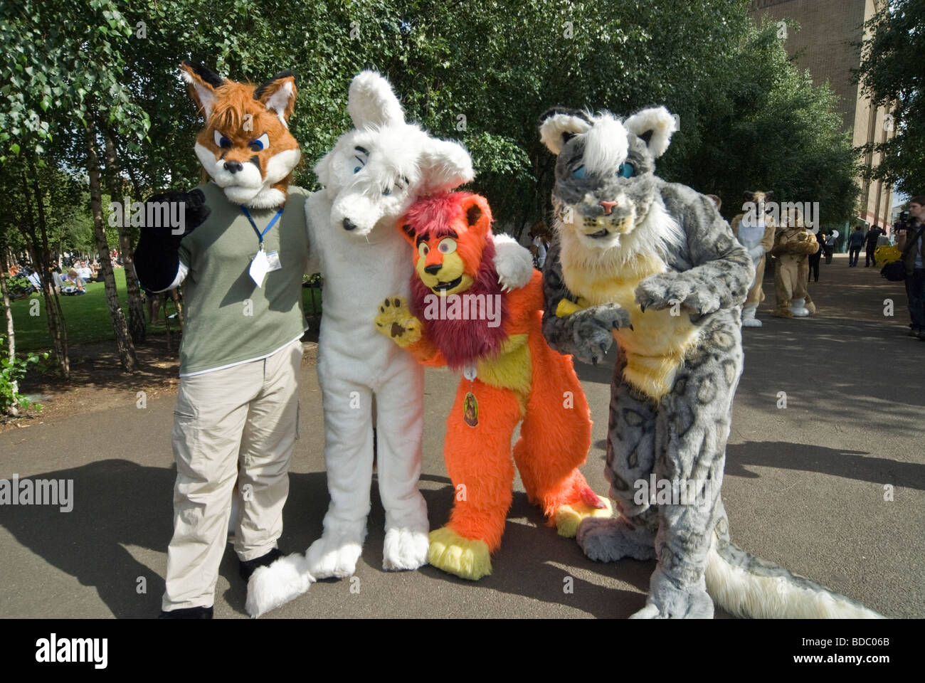 FOUR PEOPLE DRESSED AS ANIMALS FOR THE CHARITY FUNDRISING Stock Photo