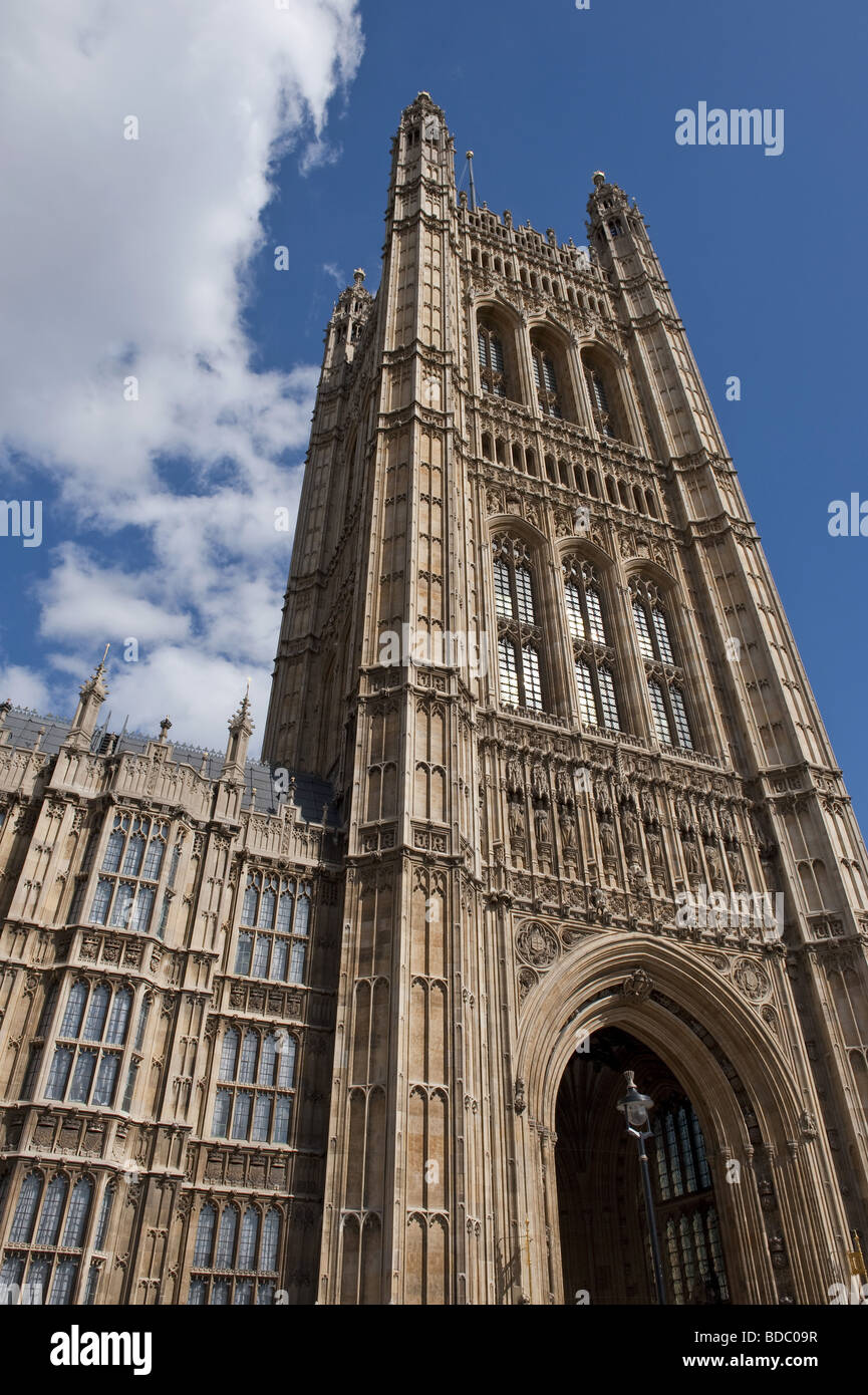 Close up of Victoria Tower and the Houses of Parliament, Westminster, London, UK against a blue summer sky Stock Photo