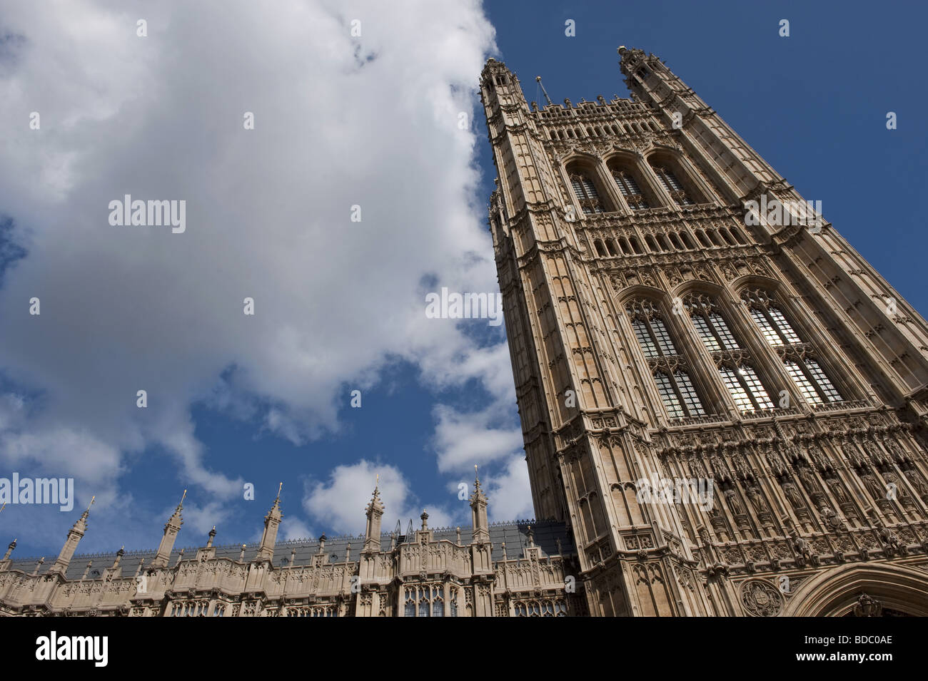 Close up of Victoria Tower and the Houses of Parliament, Westminster, London, UK against a blue summer sky Stock Photo