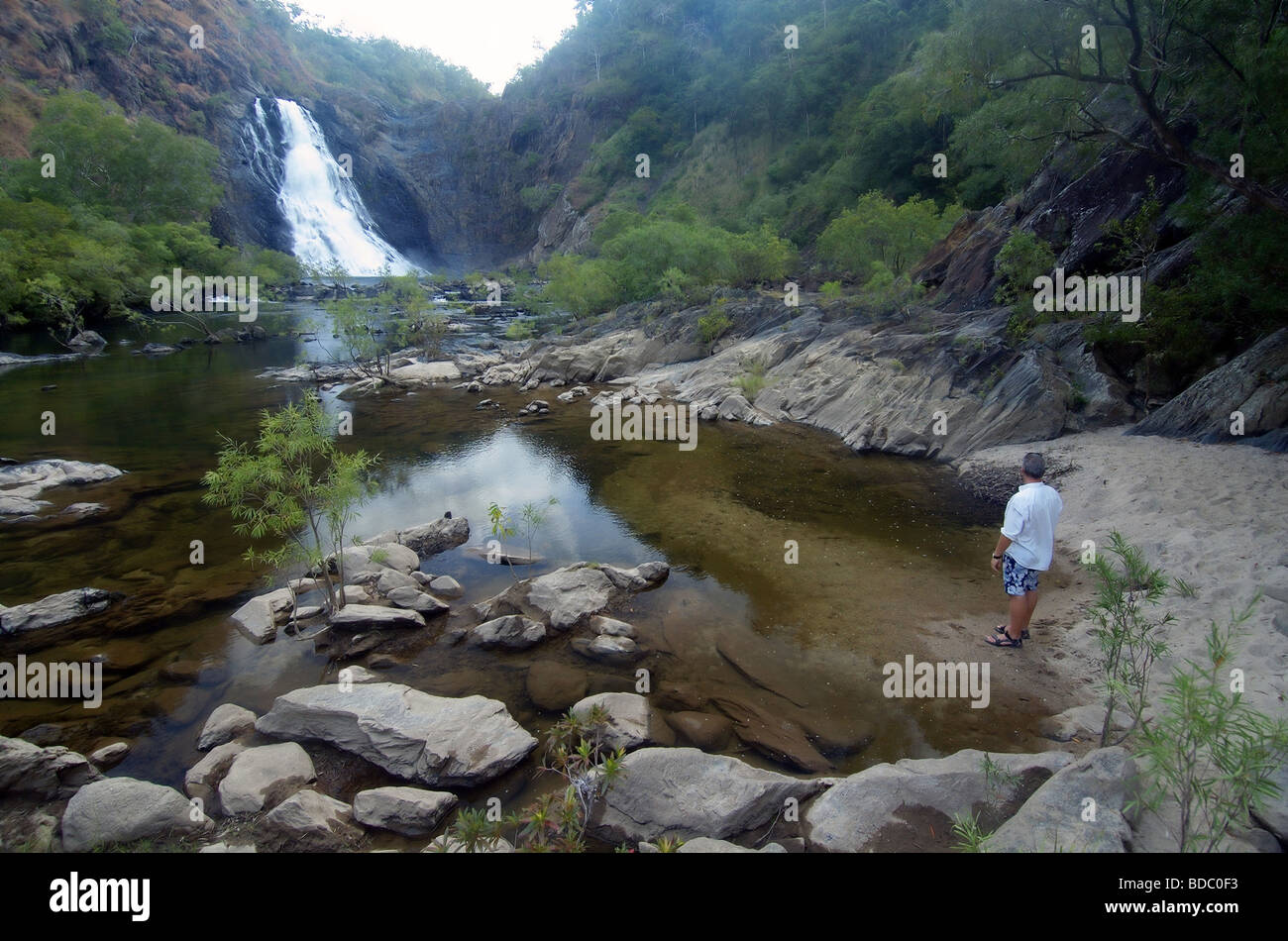 Tourist at Bloomfield Falls, near Wujal Wujal, Daintree National Park, Queensland, Australia. MR Stock Photo