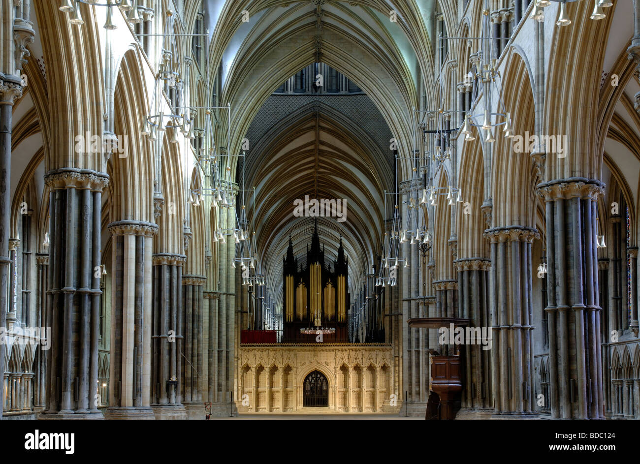 Lincoln Cathedral, Lincoln, Lincolnshire, England, UK; view of nave looking towards choir screen. Stock Photo