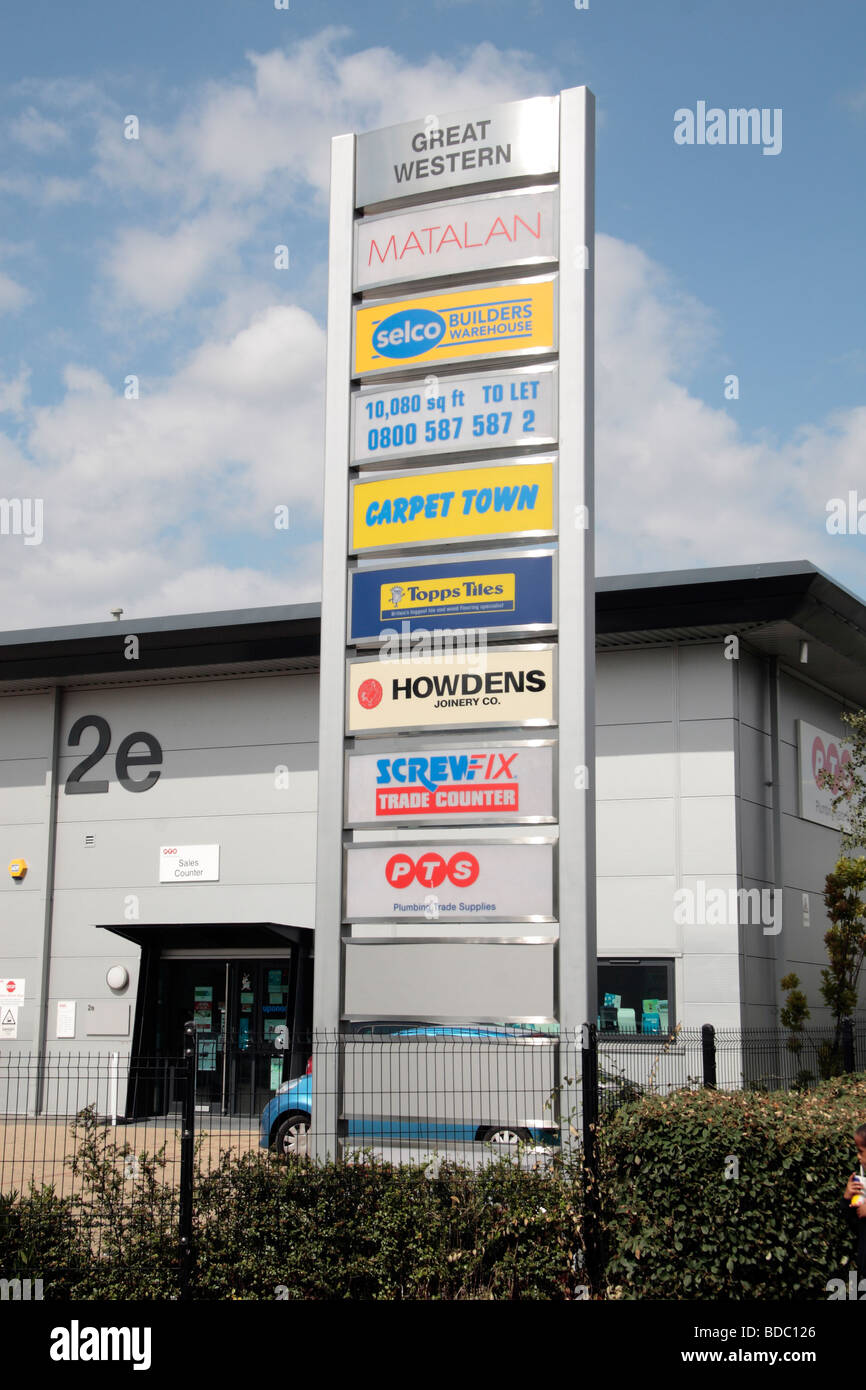 A generic signpost at the entrance to the Great Western Industrial Park in Southall, Middlesex, UK. Stock Photo