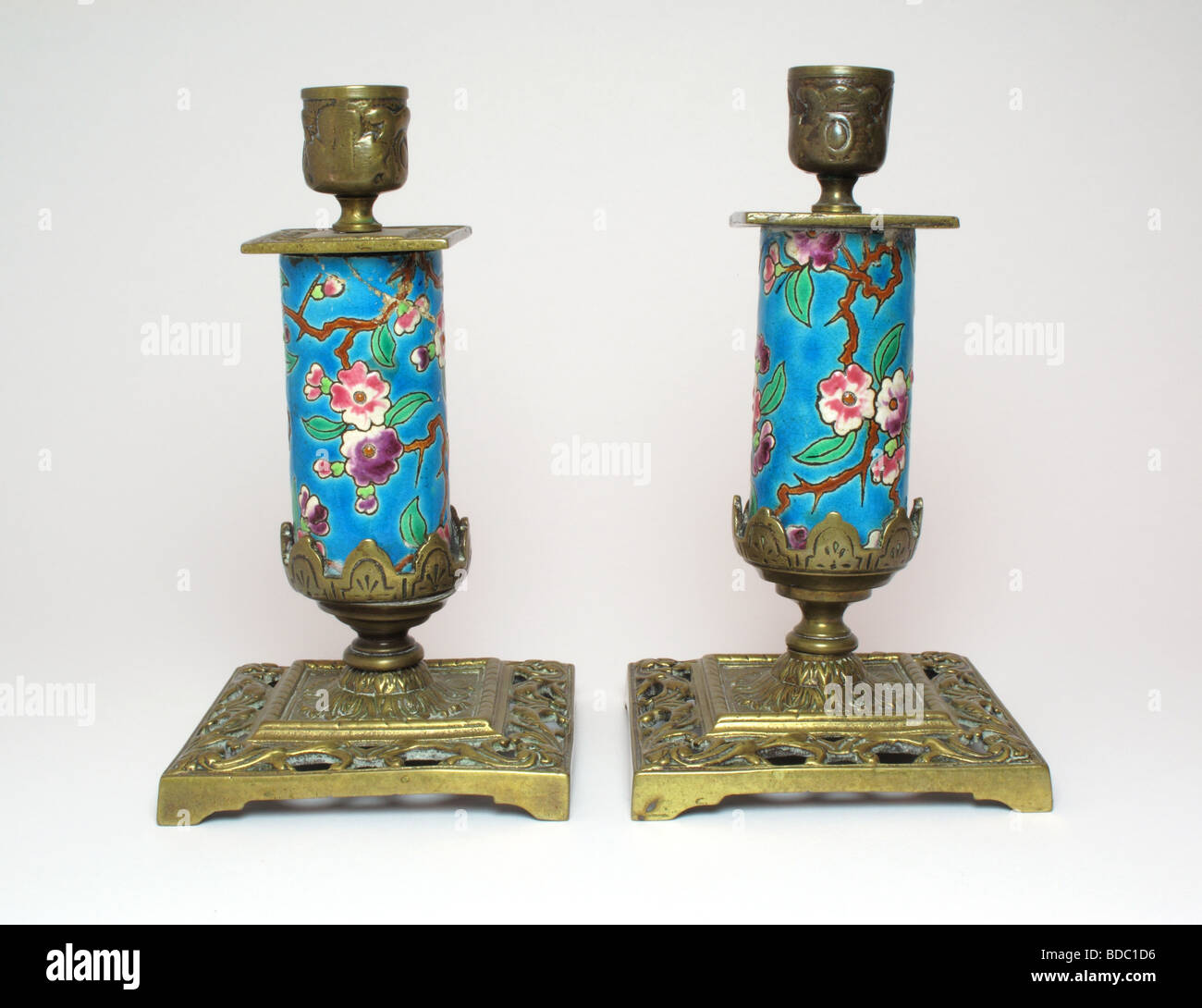 Longwy pottery and brass candlesticks made circa 1880 Stock Photo