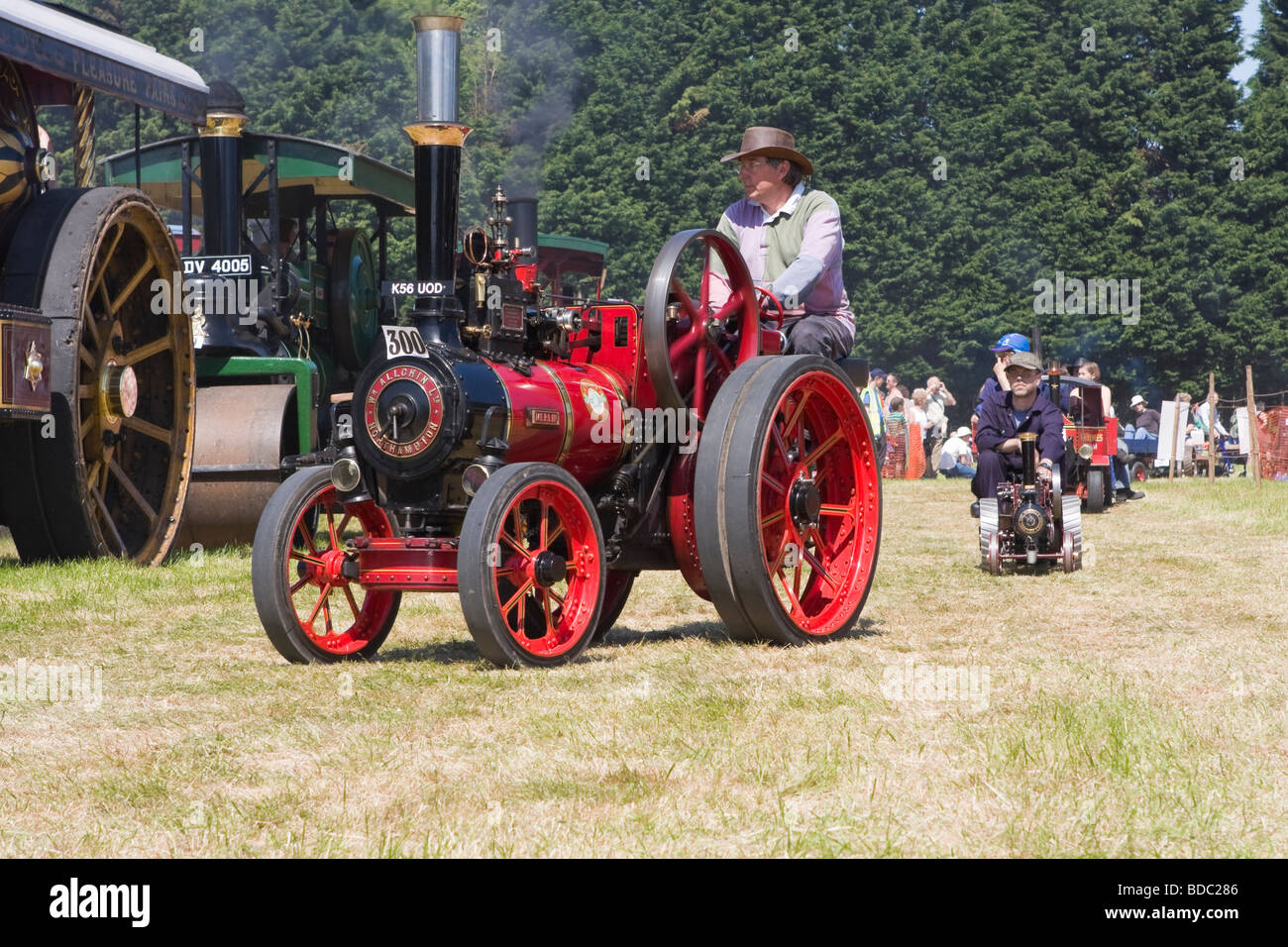 Man driving a miniature steam traction engine Stock Photo