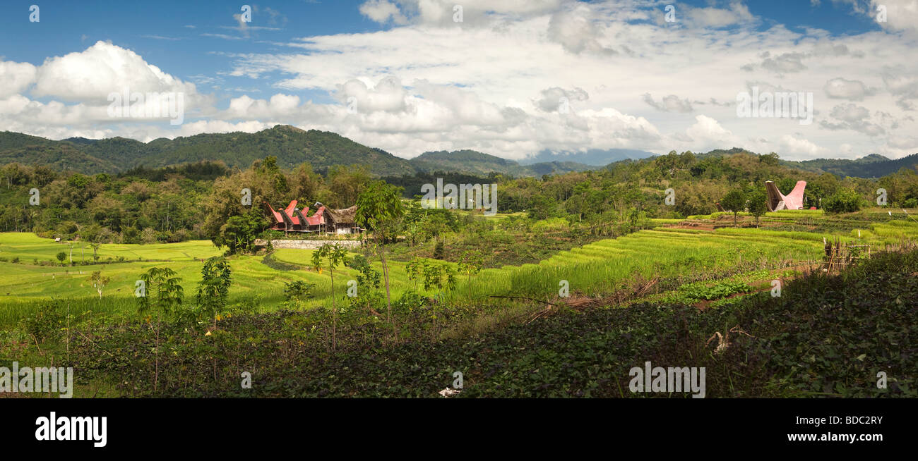 Indonesia Sulawesi Tana Toraja community of traditional Tongkonan houses across cultivated rice fields panoramic Stock Photo
