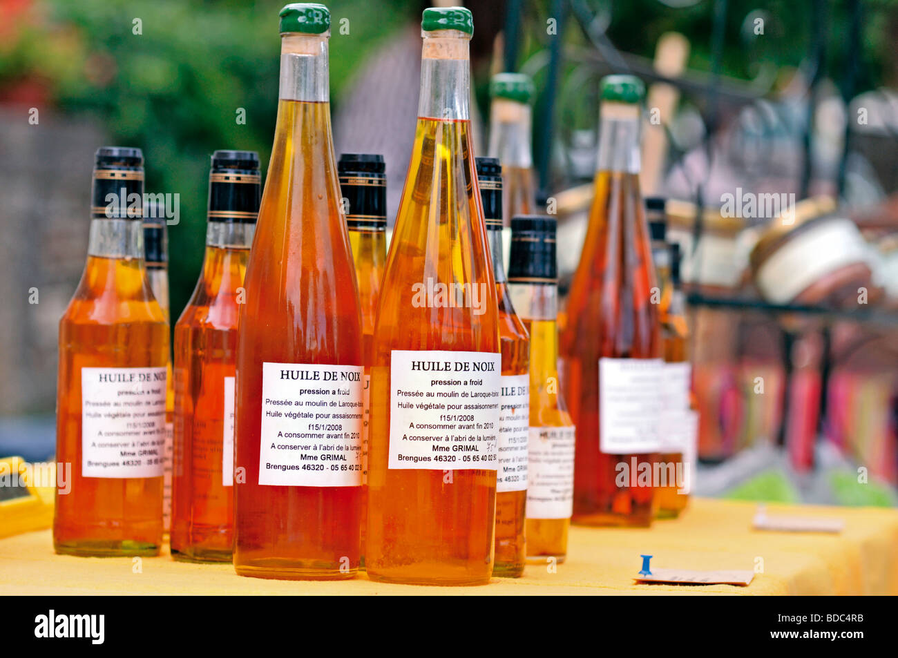France, Nature Park Causses du Quercy: Liqueur and regional products in a weekly local market in Livernon Stock Photo