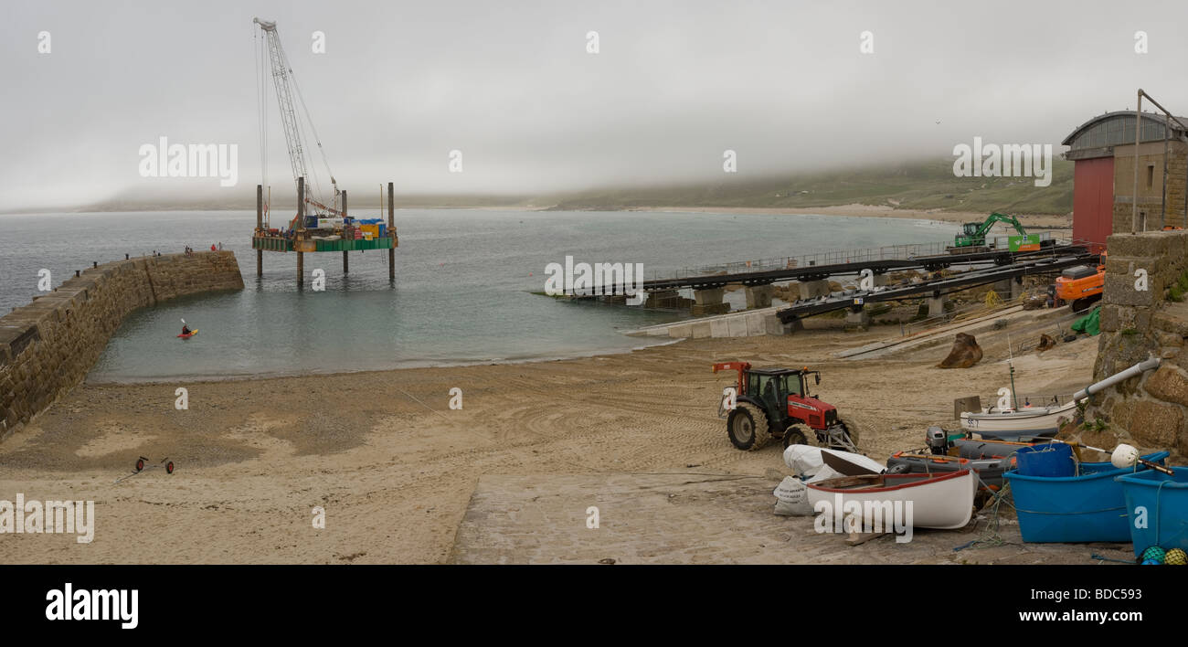 A panoramic view of Sennen Cove as building work takes place on the new deep water launch ramp for the RNLI lifeboat Stock Photo